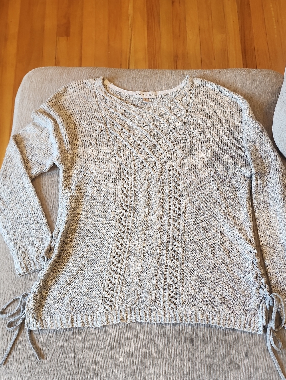 Knox Rose Light Gray Cable Knit Crewneck Sweater with Side Lace Ties Size M